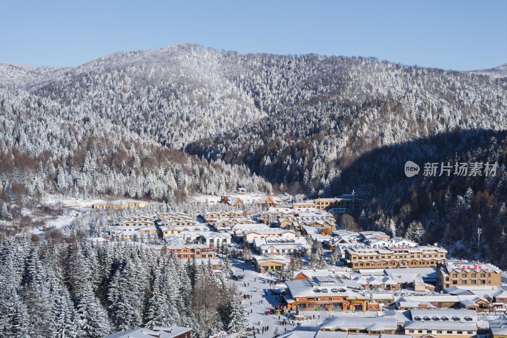 中国雪乡雪景雪房子航拍大景拍摄