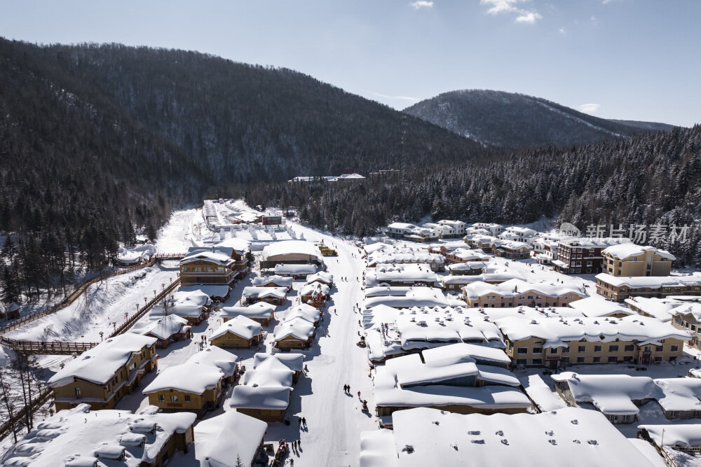 中国雪乡雪景雪房子航拍大景拍摄