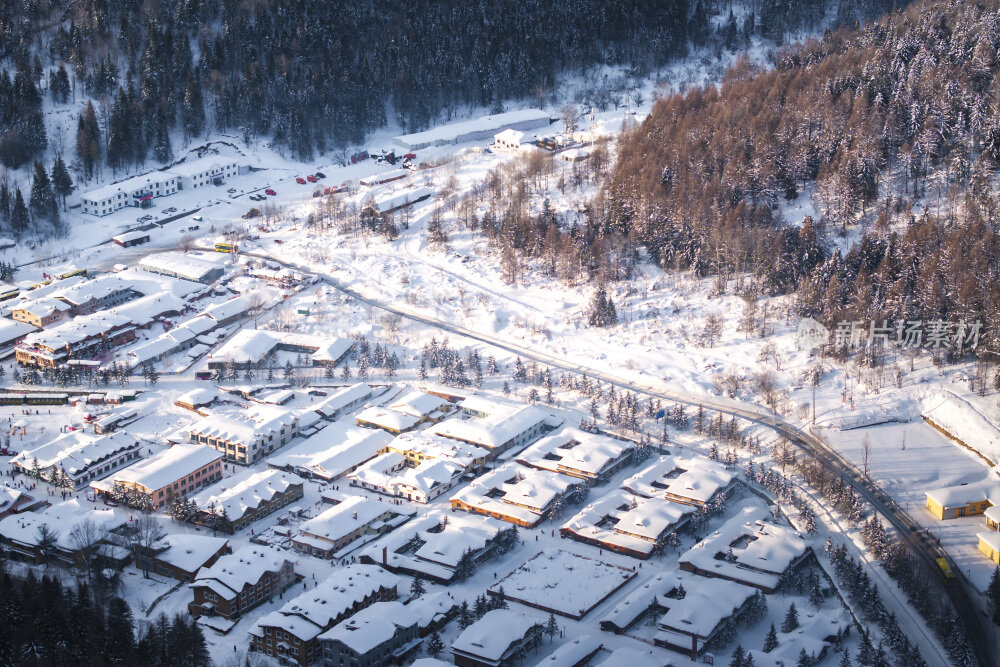 中国雪乡雪景雪房子航拍大景拍摄