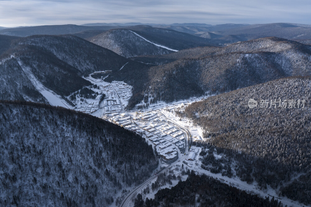 中国雪乡雪景雪房子航拍大景拍摄