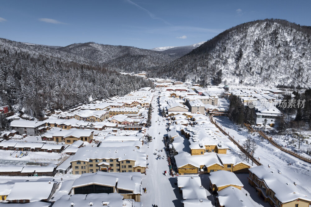 中国雪乡雪景雪房子航拍大景拍摄