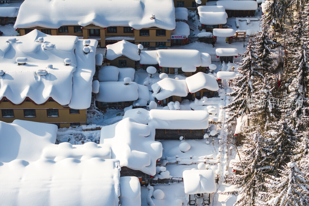 中国雪乡雪景雪房子航拍大景拍摄