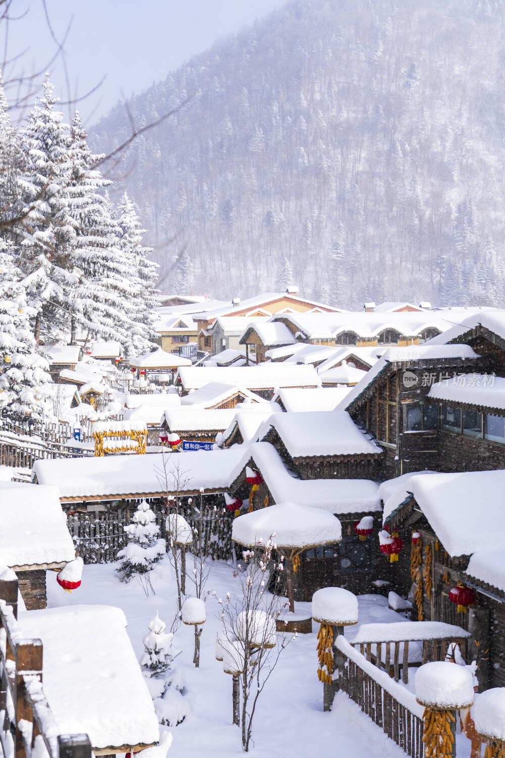 中国雪乡雪景雪房子航拍大景拍摄