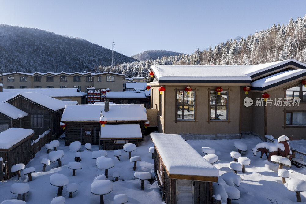 中国雪乡雪景雪房子航拍大景拍摄