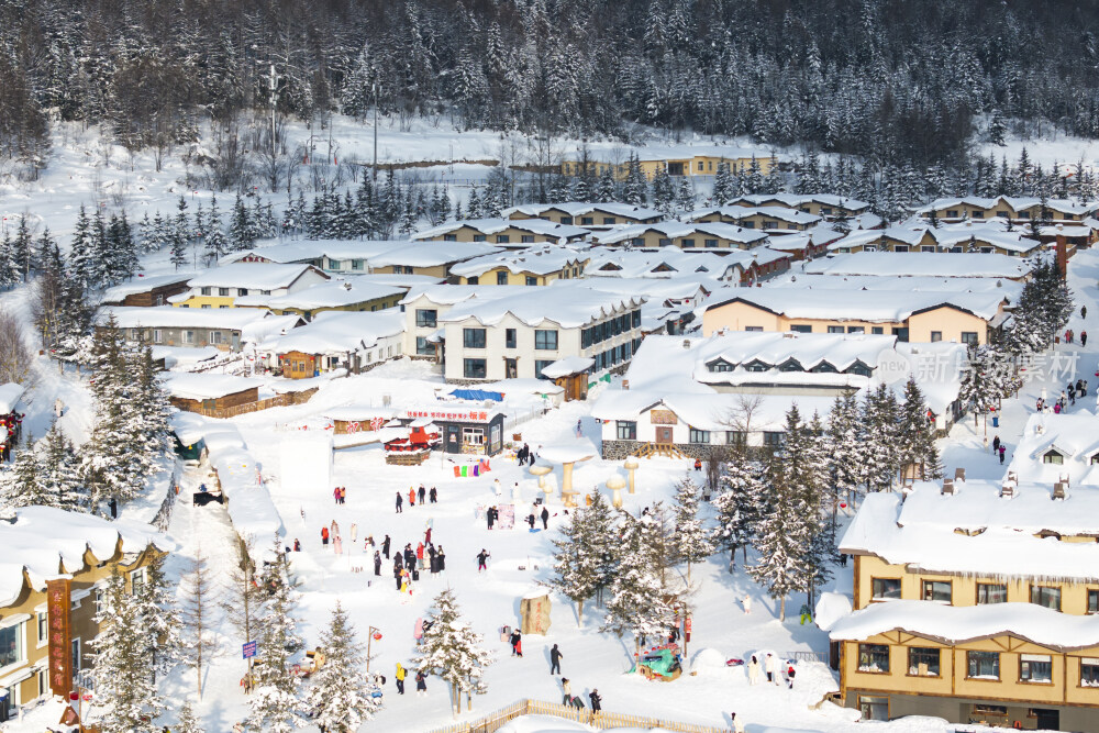 中国雪乡雪景雪房子航拍大景拍摄