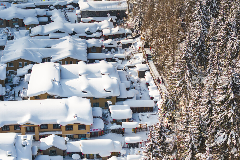 中国雪乡雪景雪房子航拍大景拍摄