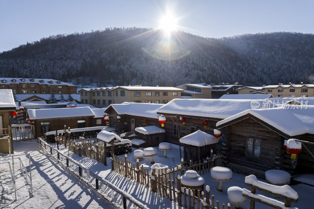 中国雪乡雪景雪房子航拍大景拍摄