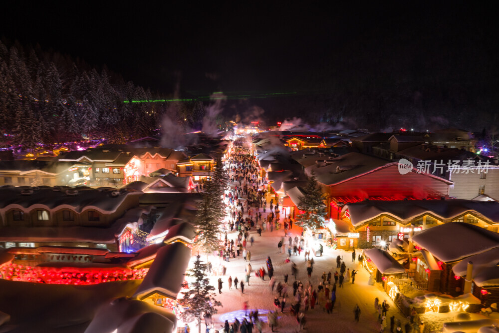 中国雪乡雪景雪房子航拍大景拍摄