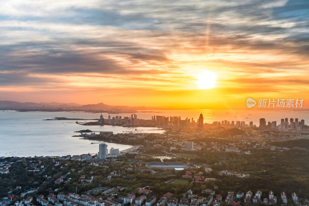 青岛城市风光日出日落火烧云