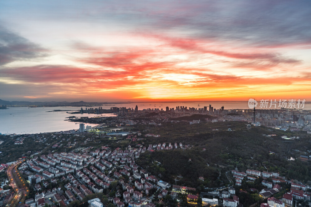青岛城市风光日出日落火烧云