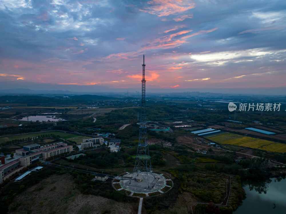 南京江宁美丽田园乡村电视塔信号塔航拍全景