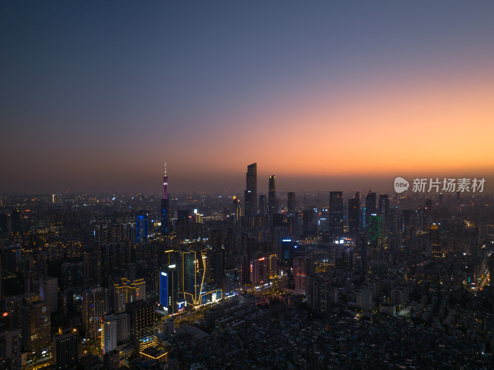 航拍广州天河珠江新城CBD城市天际线黄昏夜晚