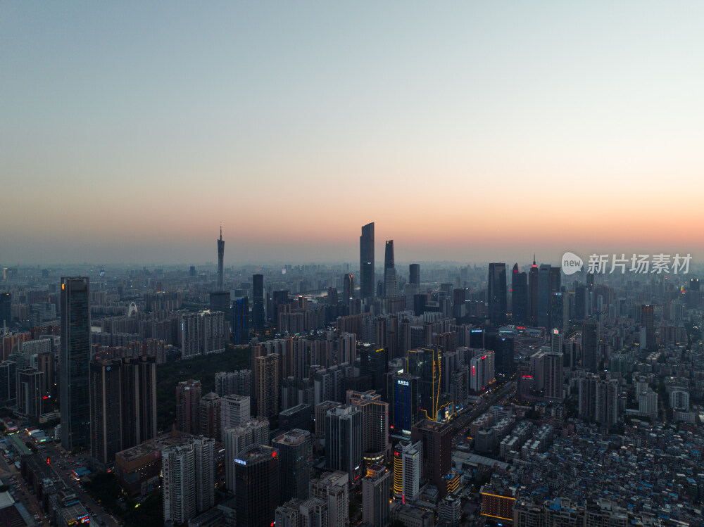 航拍广州珠江新城CBD黄昏时分