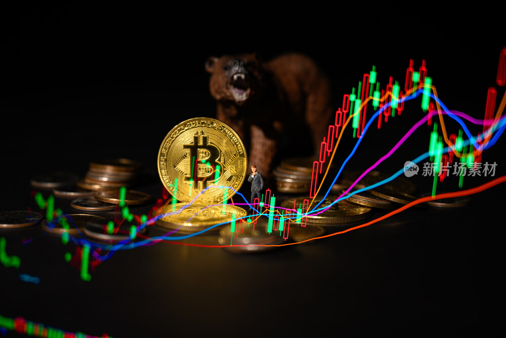 黑色背景上的金色比特币和股票指数图
