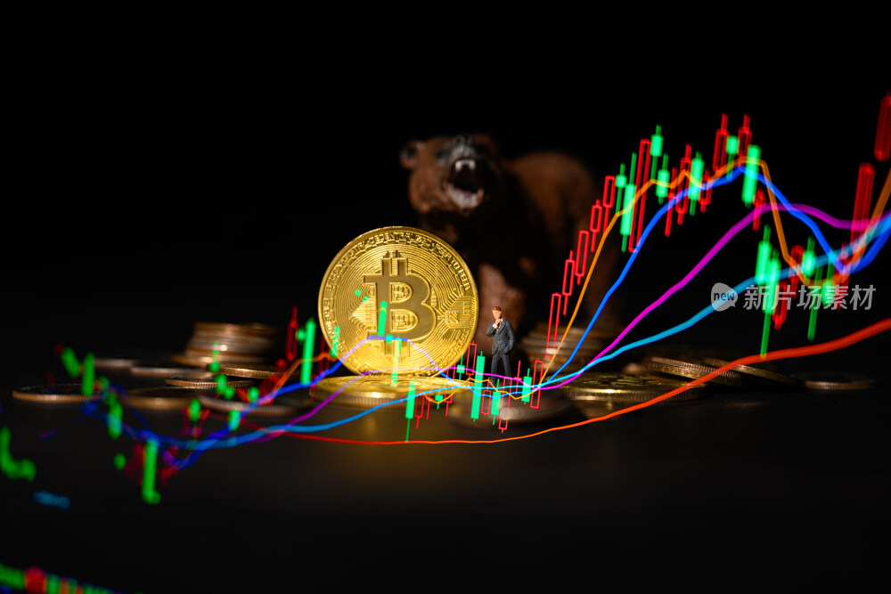 黑色背景上的金色比特币和股票指数图