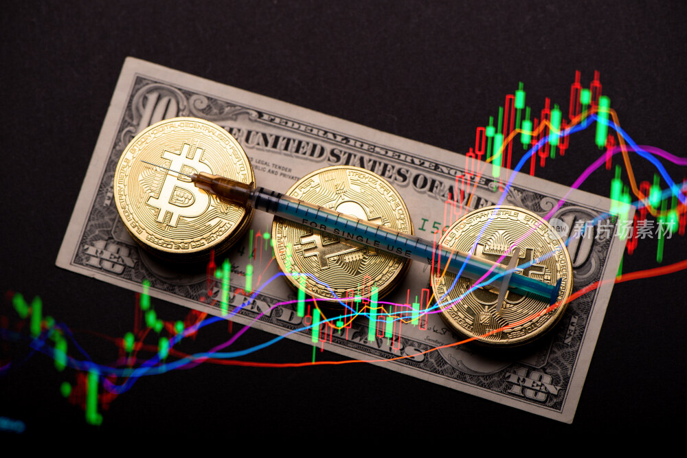 黑色背景上的金色比特币和股票指数图