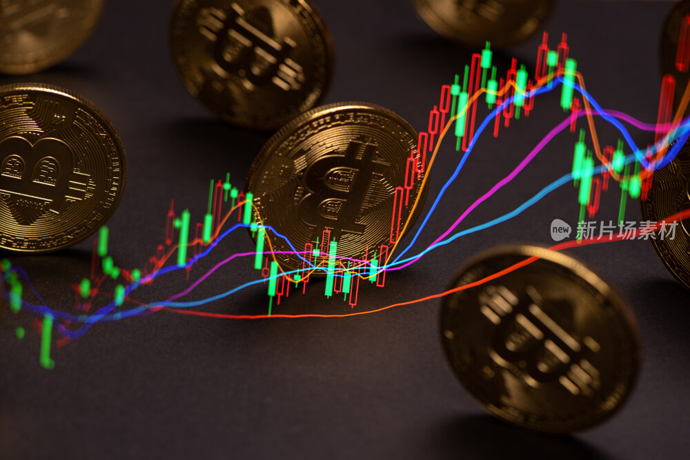 黑色背景上的金色比特币和股票指数图